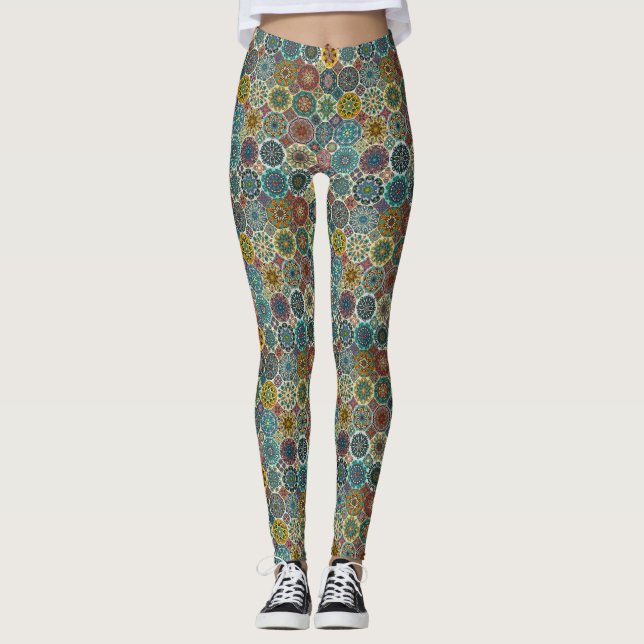 Colorful abstract tile pattern design leggings (Front)