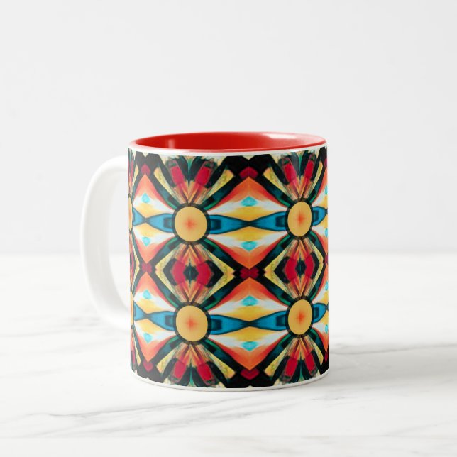 Colorful Abstract Tribal Inspired Two-Tone Coffee Mug (Front Left)