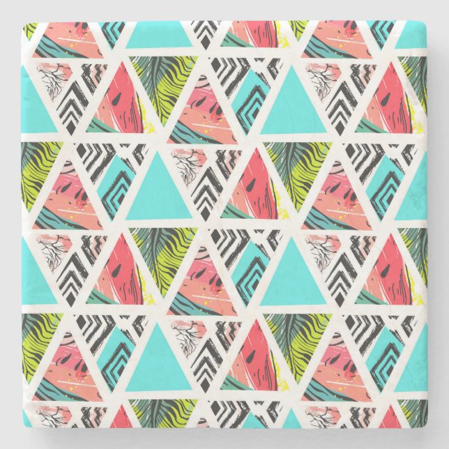 Colorful Abstract Tropical Pattern Stone Coaster (Front)