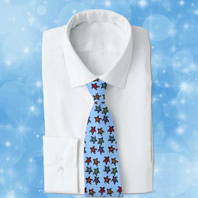 Colorful Abstract Turtle Tie (Sbunch of little abstract turtles with coloured shells in multiple colours on blue neck tie.)