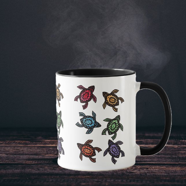 Colorful Abstract Turtles Coffee Mug (Bunch of black abstract turtles with designs and shells in multiple bright colours on coffee mug.)