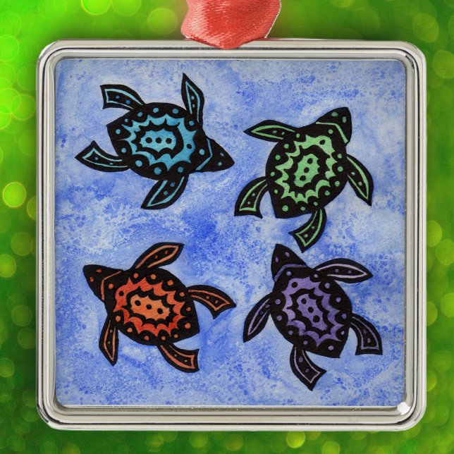 Colorful Abstract Turtles Metal Ornament (Four black abstract turtles with colourful shells on mixed blue white hanging ornament.)