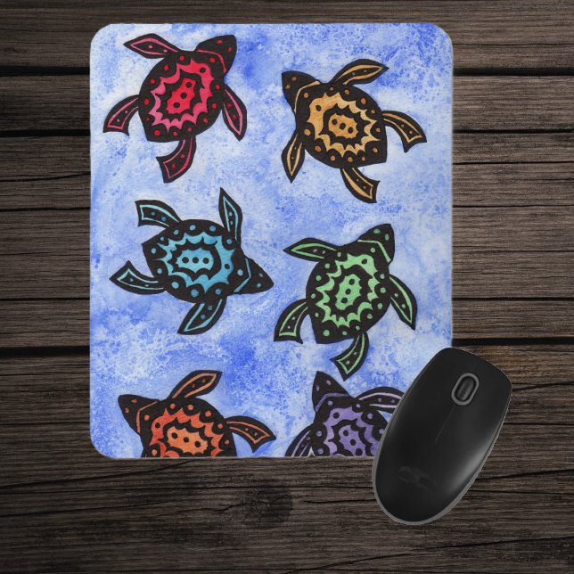 Colorful Abstract Turtles Mousepad (Abstract turtles different coloured shells on watery look blue mouse pad.)