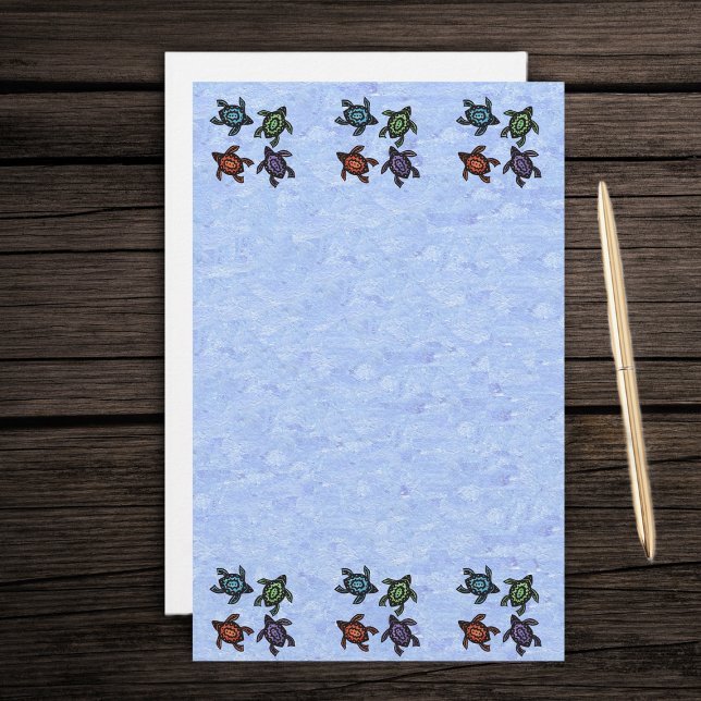 Colorful Abstract Turtles Stationery (Bunch of colourful abstract turtles on patterned light blue stationery writing paper.)