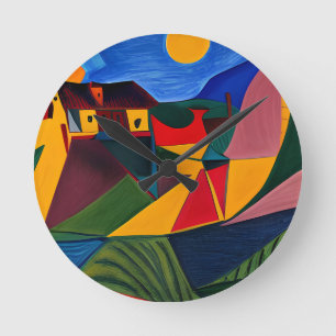 Colorful abstract village art round clock