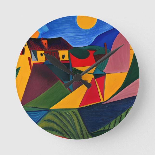 Colorful abstract village art round clock (Front)