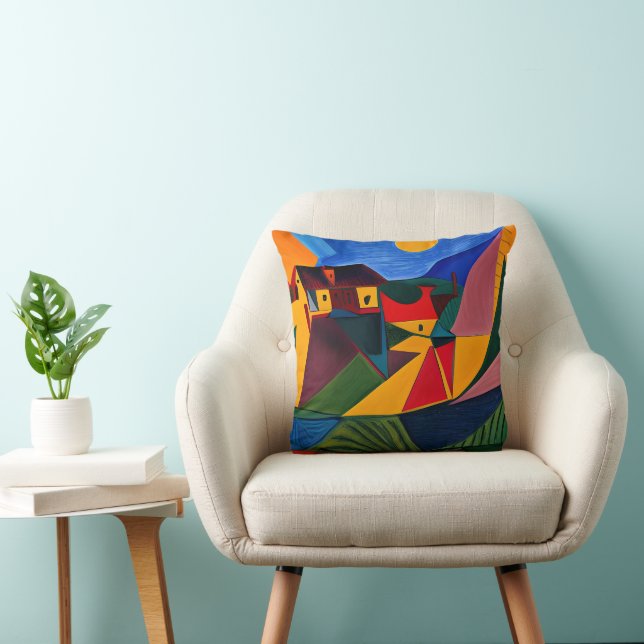 Colorful abstract village art throw pillow (Chair)