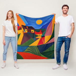 Colorful abstract village landscape house warming fleece blanket