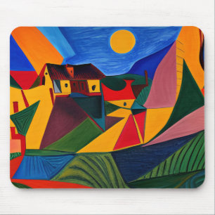 Colorful abstract village landscape mouse pad