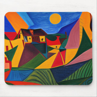 Colorful abstract village landscape mouse pad