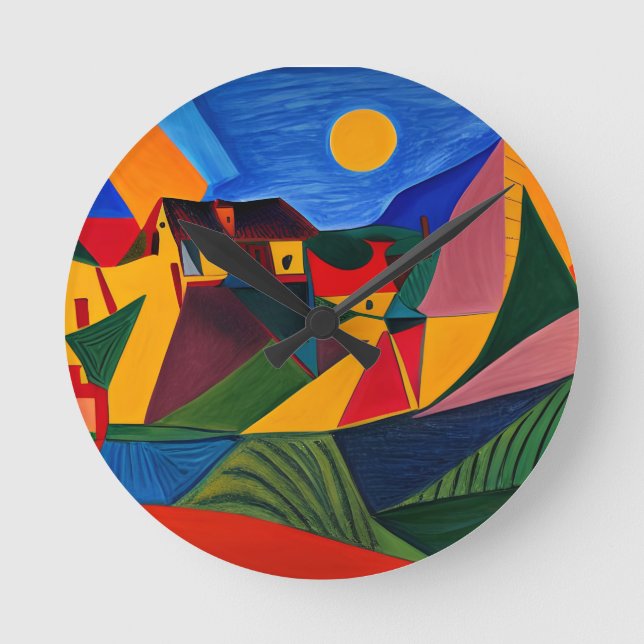 Colorful abstract village landscape  round clock (Front)