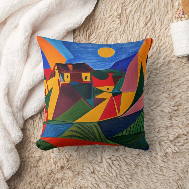 Colorful abstract village landscape  throw pillow (Blanket)