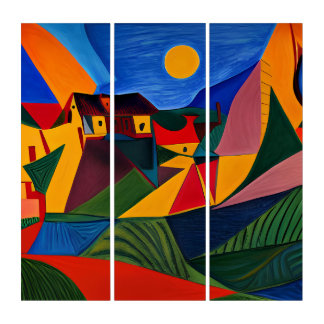 Colorful abstract village landscape  triptych