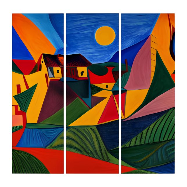 Colorful abstract village landscape  triptych (Front)