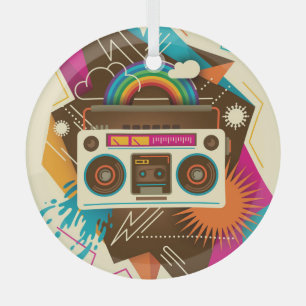 Colorful Abstract Vintage Radio Illustration Glass Ornament