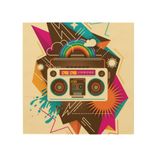 Colorful Abstract Vintage Radio Illustration Wood Wall Art