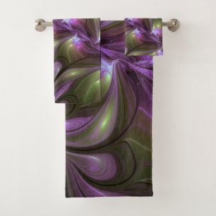 Colorful Abstract Violet Purple Khaki Fractal Art Bath Towel Set