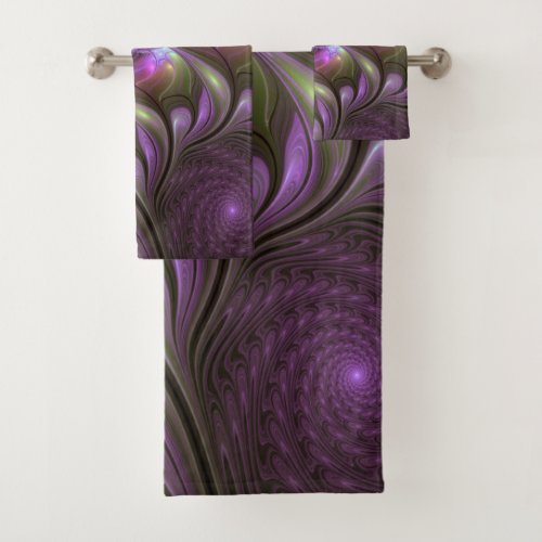 Colorful Abstract Violet Purple Khaki Fractal Art Bath Towel Set