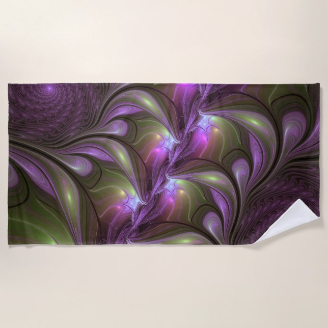 Colorful Abstract Violet Purple Khaki Fractal Art Beach Towel (Front)