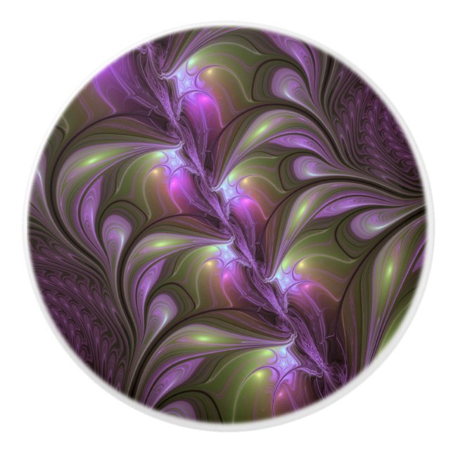 Colorful Abstract Violet Purple Khaki Fractal Art Ceramic Knob (Front)