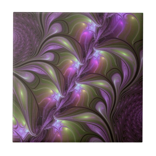 Colorful Abstract Violet Purple Khaki Fractal Art Ceramic Tile (Front)