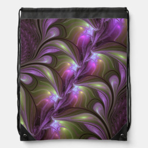 Colorful Abstract Violet Purple Khaki Fractal Art Drawstring Bag