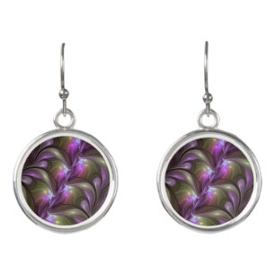 Colorful Abstract Violet Purple Khaki Fractal Art Earrings