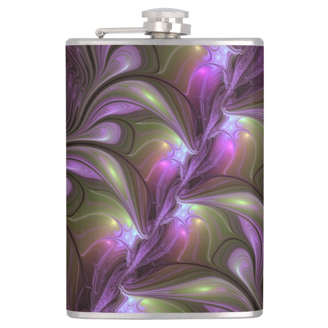 Colorful Abstract Violet Purple Khaki Fractal Art Flask (Front)