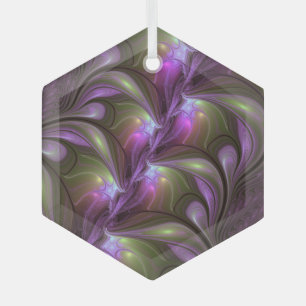 Colorful Abstract Violet Purple Khaki Fractal Art Glass Ornament