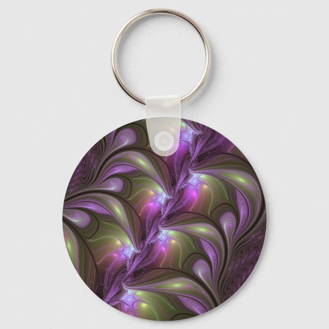 Colorful Abstract Violet Purple Khaki Fractal Art Keychain (Front)