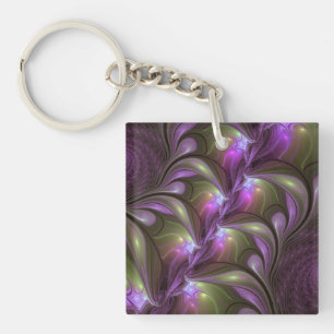 Colorful Abstract Violet Purple Khaki Fractal Art Keychain
