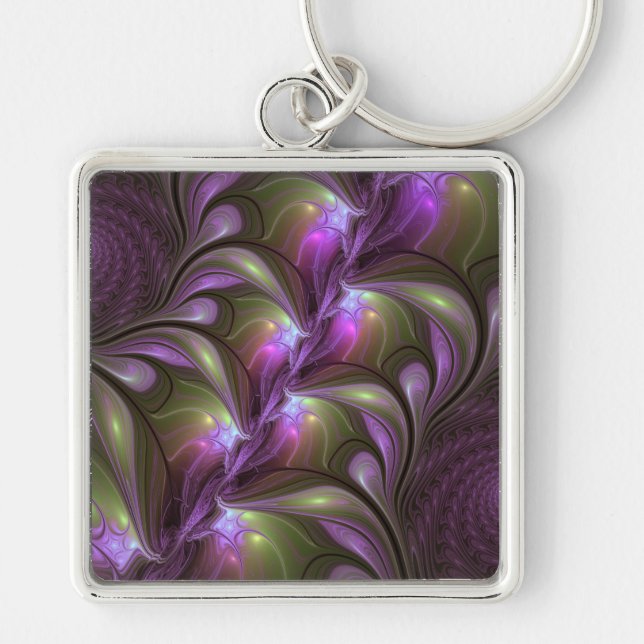 Colorful Abstract Violet Purple Khaki Fractal Art Keychain (Front)