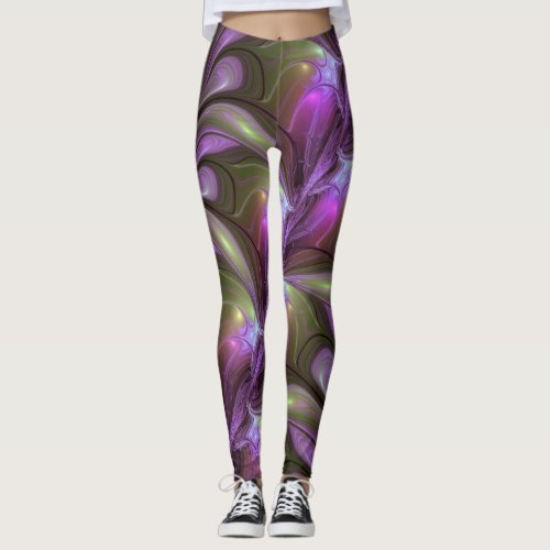 Colorful Abstract Violet Purple Khaki Fractal Art Leggings