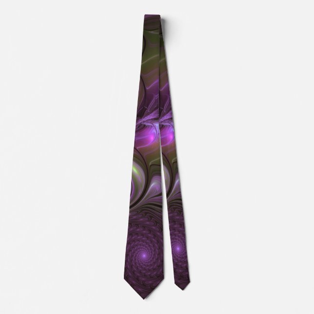 Colorful Abstract Violet Purple Khaki Fractal Art Neck Tie (Front)
