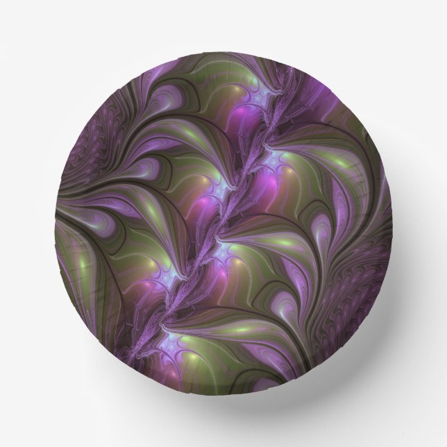Colorful Abstract Violet Purple Khaki Fractal Art Paper Bowls (Front)