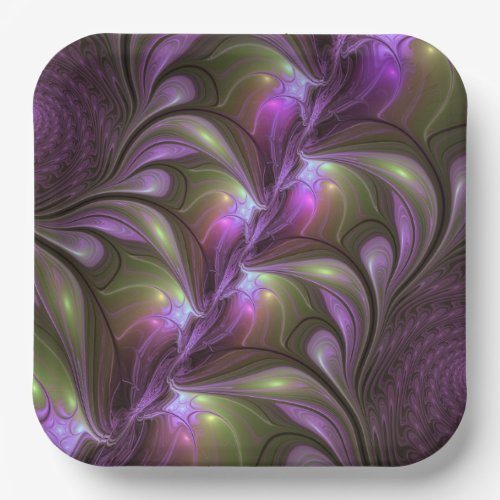 Colorful Abstract Violet Purple Khaki Fractal Art Paper Plates