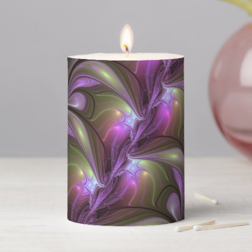 Colorful Abstract Violet Purple Khaki Fractal Art Pillar Candle