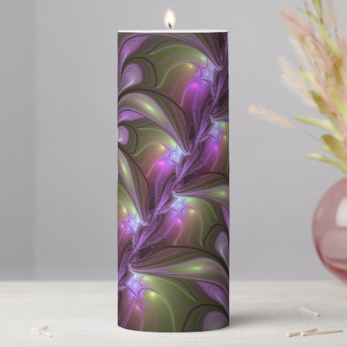 Colorful Abstract Violet Purple Khaki Fractal Art Pillar Candle