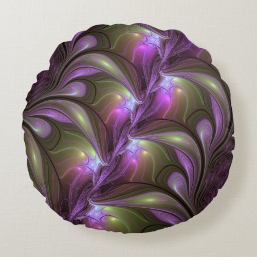 Colorful Abstract Violet Purple Khaki Fractal Art Round Pillow