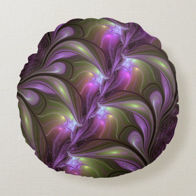 Colorful Abstract Violet Purple Khaki Fractal Art Round Pillow (Front)