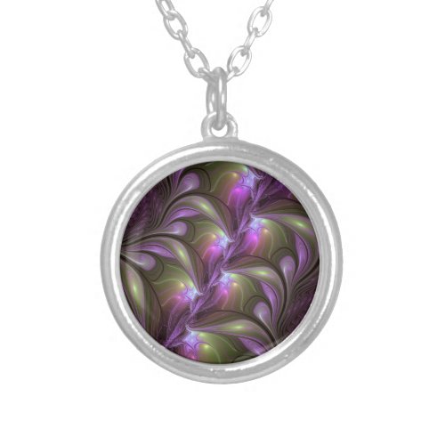 Colorful Abstract Violet Purple Khaki Fractal Art Silver Plated Necklace