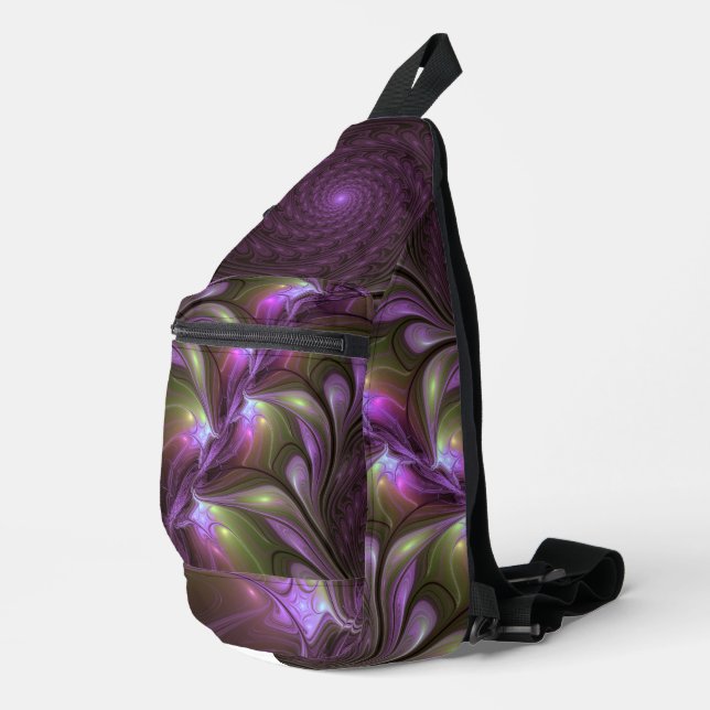 Colorful Abstract Violet Purple Khaki Fractal Art Sling Bag (Right Corner)