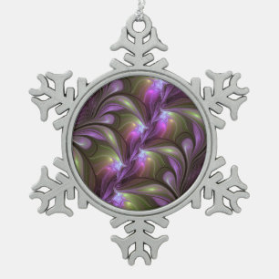 Colorful Abstract Violet Purple Khaki Fractal Art Snowflake Pewter Christmas Ornament