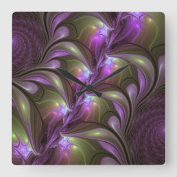 Colorful Abstract Violet Purple Khaki Fractal Art Square Wall Clock