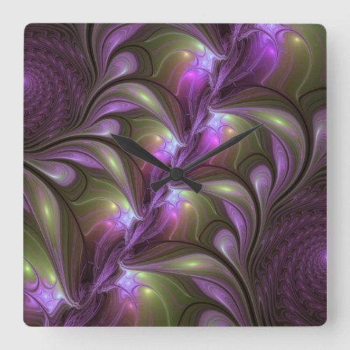 Colorful Abstract Violet Purple Khaki Fractal Art Square Wall Clock