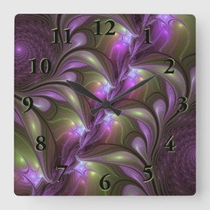 Colorful Abstract Violet Purple Khaki Fractal Art Square Wall Clock