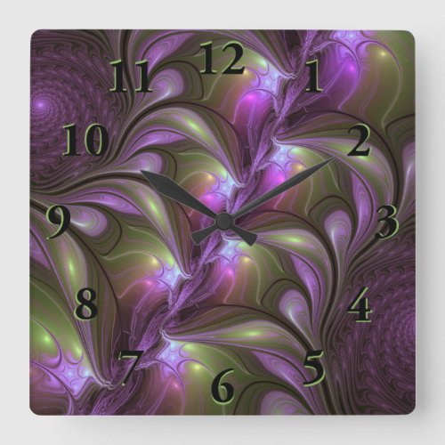 Colorful Abstract Violet Purple Khaki Fractal Art Square Wall Clock