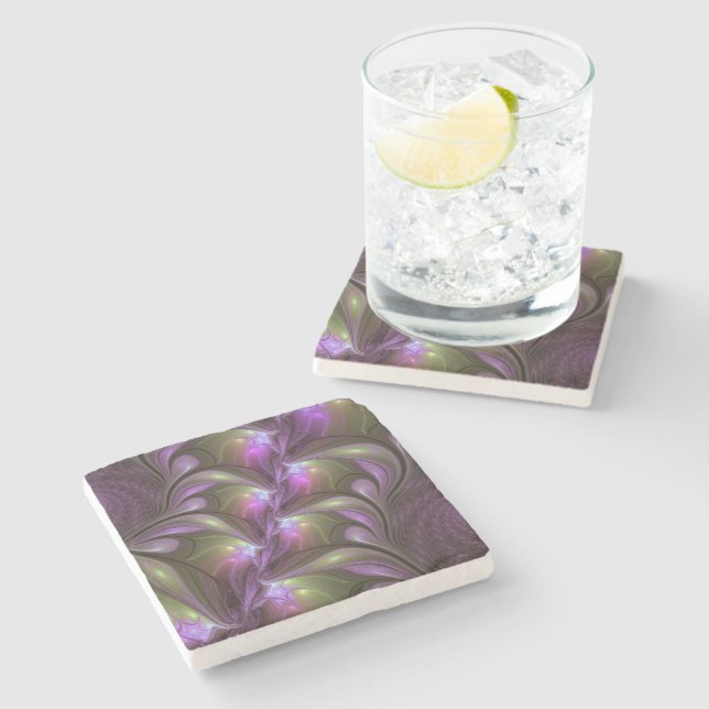 Colorful Abstract Violet Purple Khaki Fractal Art Stone Coaster (Side)