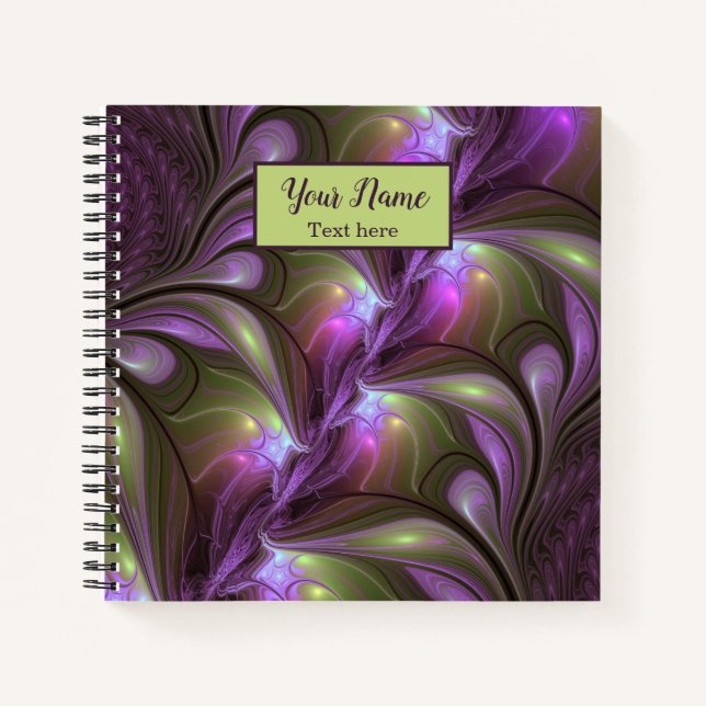 Colorful Abstract Violet Purple Khaki Fractal Name Notebook (Front)
