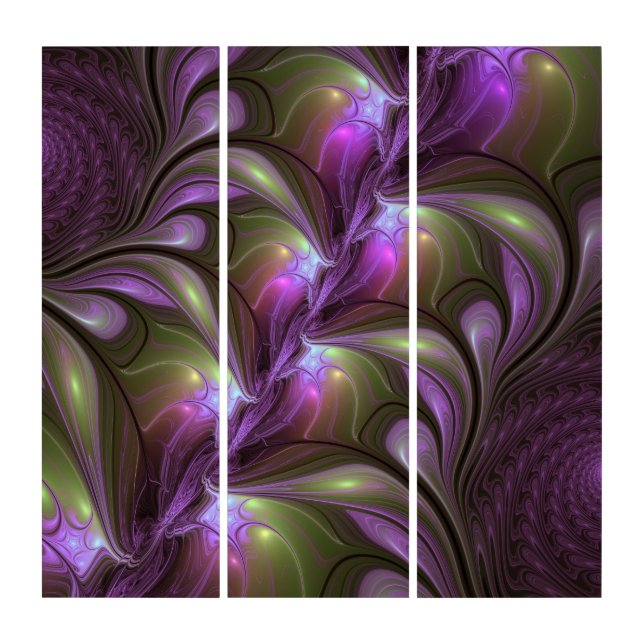 Colorful Abstract Violet Purple Khaki Fractal Triptych (Front)